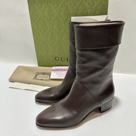 Gucci Men Boots 10/ US 10.5 Cocoa Leather Block Heel Mid Calf Pull-On NIB - Picture 2 of 12